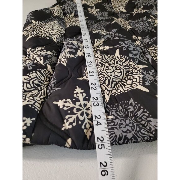 Eddie Bauer Down Vest Womens Large Navy Snowflake Print Full Zip Faux Fur Collar - Picture 10 of 16